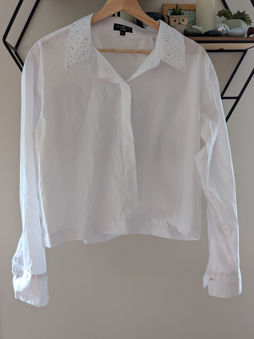 Long Sleeve Embellished-Collar Cropped Button Down Shirt